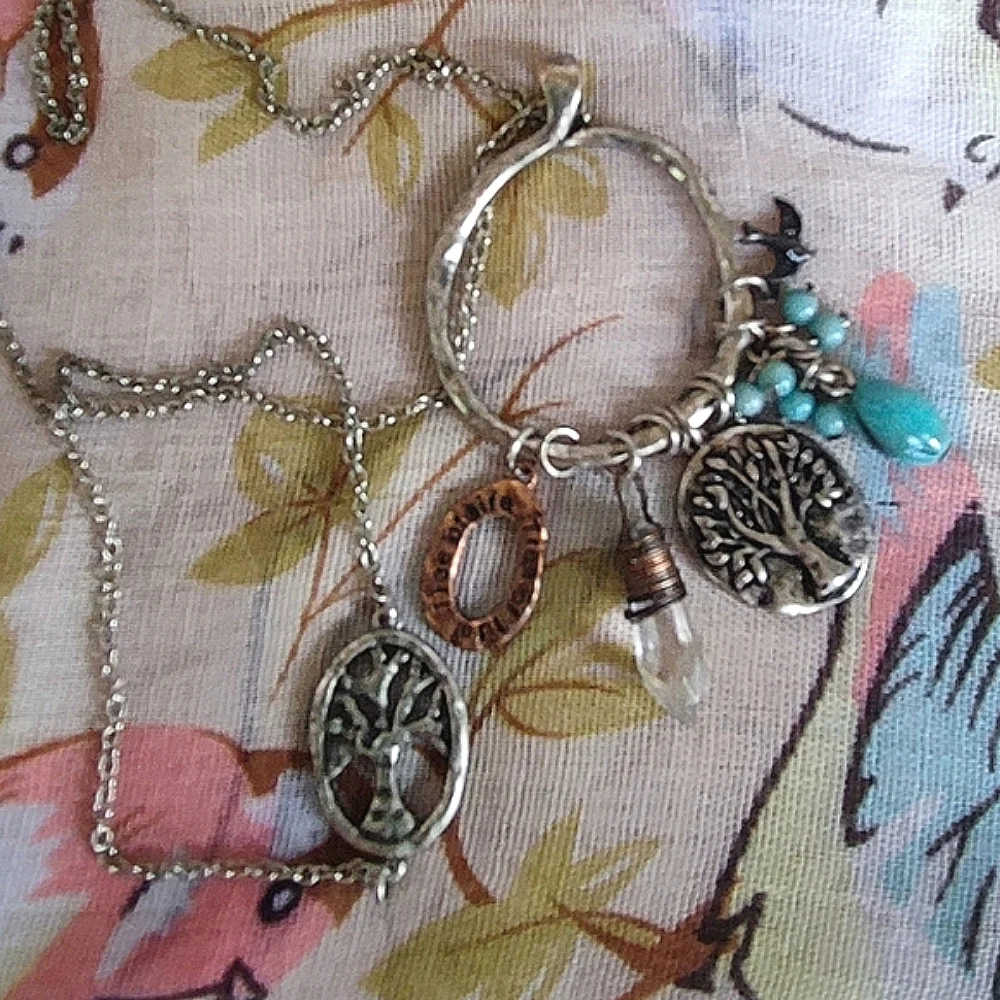 Multi Pendant 5 Charms Tree Of Life Crystal Faux Turquoise Extra Long Necklace